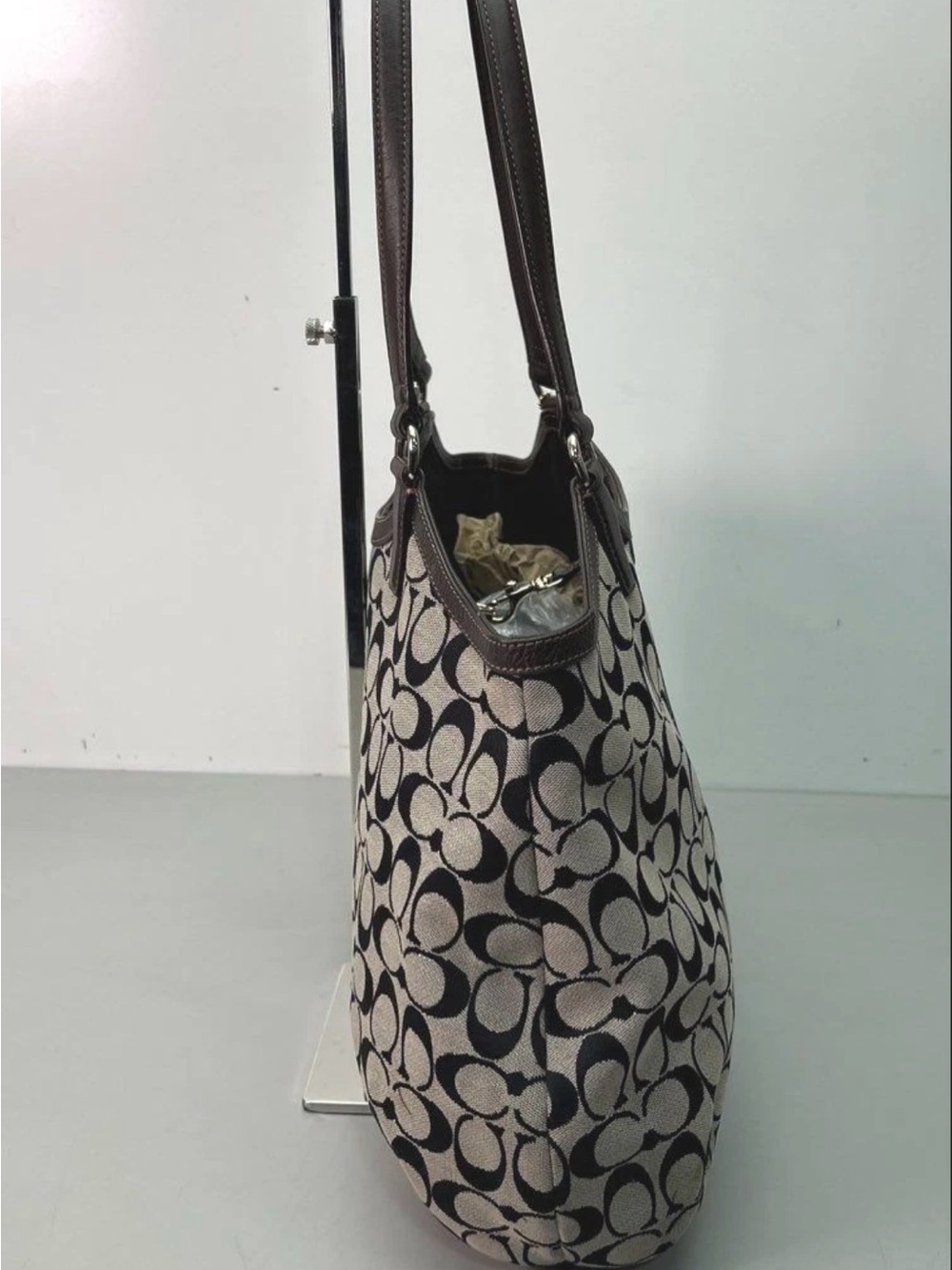 Coach Signature (black) Snakeskin Stripe Saddle Tote F31444 Brown Leather Trim - Picture 5 of 16